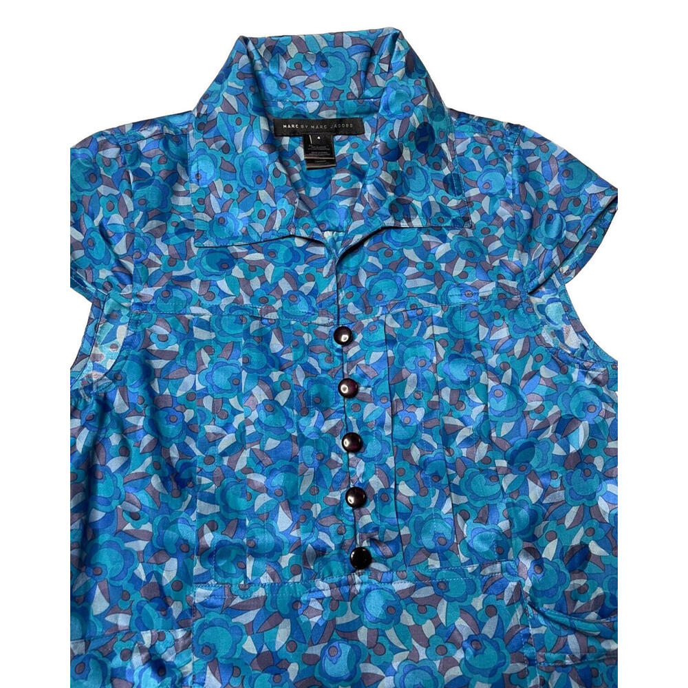 Marc By Marc Jacobs Silk Blend Floral Print Cap Sleeve Shirt Dress Blue 4 Tie - Picture 3 of 9